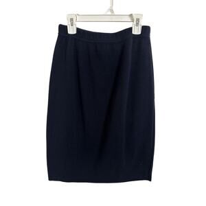 Vtg 90’s Navy Blue Acrylic Knee Length Pencil Skirt Size Small Pull On Academia